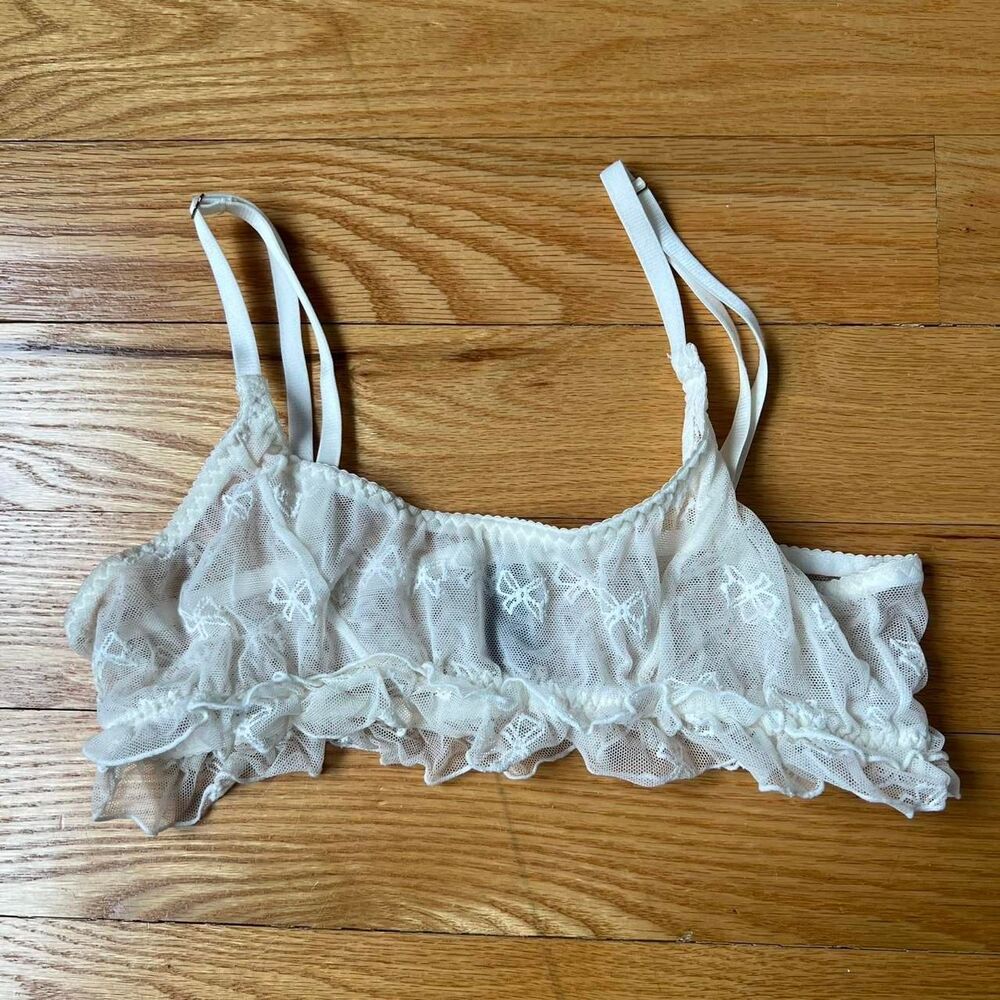 Dainty White Lace Trim Embroidered Bow Bralette Size Medium